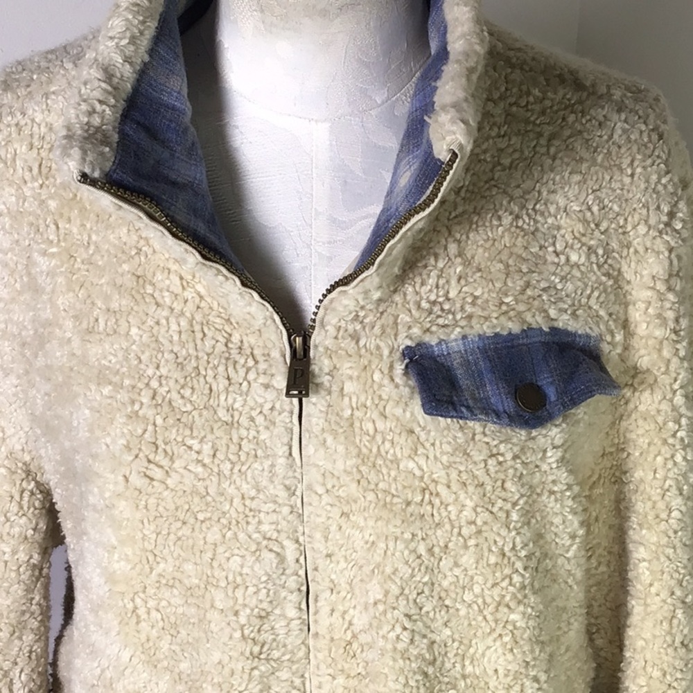PENDLETON Teddy Bear Sherpa Plaid Full Zip Jacket Cream Off White XL Wool Blend